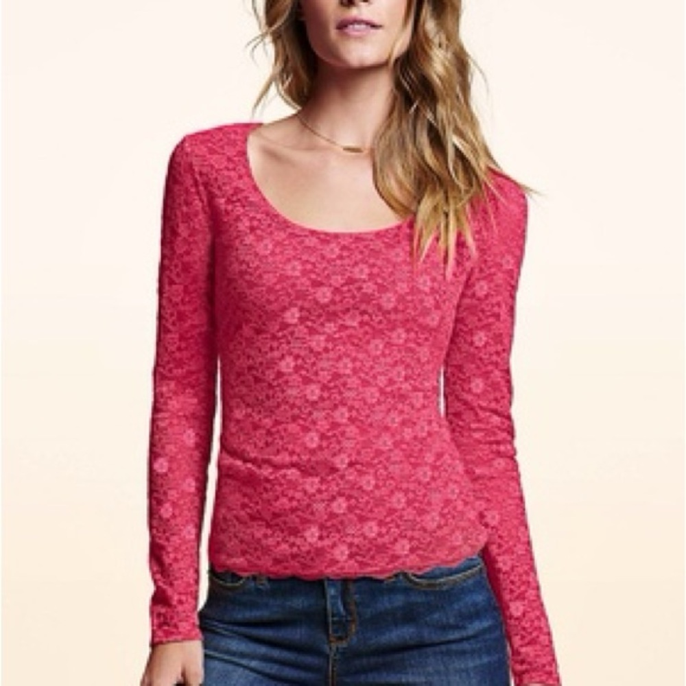 Victoria secret pink lace blouse Women's Long-Sleeve top sheer sleeves medium